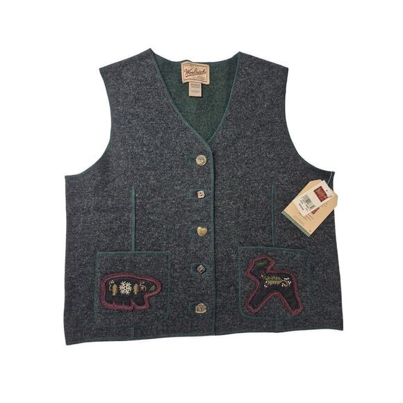 NWT Woolrich 100% Lambs Wool Charcoal Vest Bear & Deer Applique Women Sz M - Picture 1 of 10